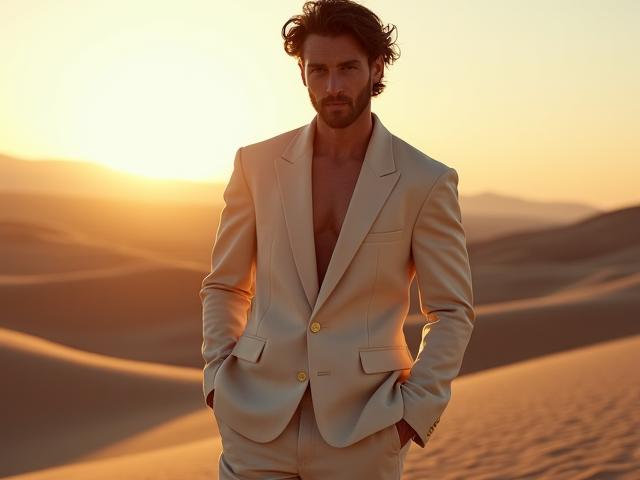 Sesión de fotos editorial de moda en un desierto, con modelos y vestuario vanguardistas.